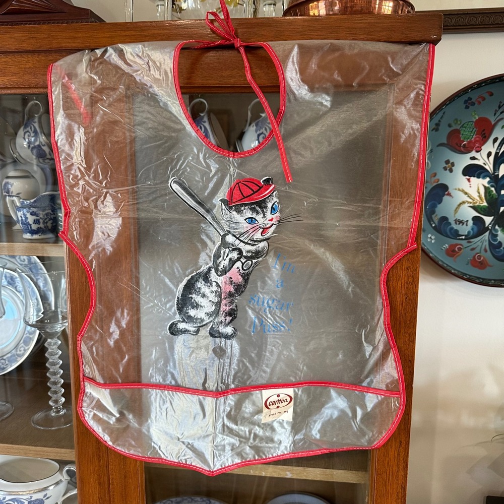 Vtg Carlton Child Apron Bib Clear Vinyl Kitten Baseball Sugar Puss 50's Kitsch